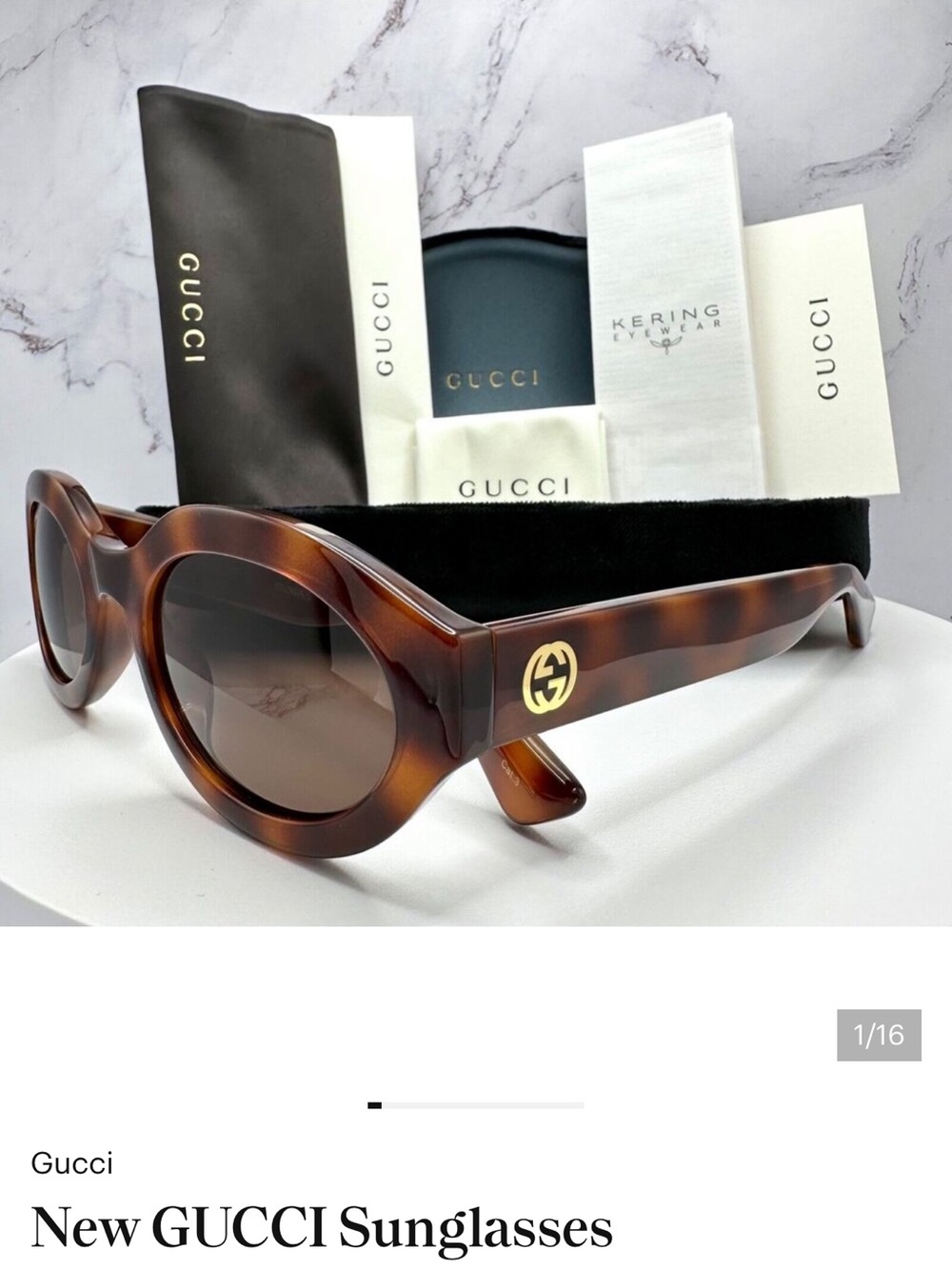 NWT Gucci Brown Tortoiseshell Round Sunglasses with Gold Logo